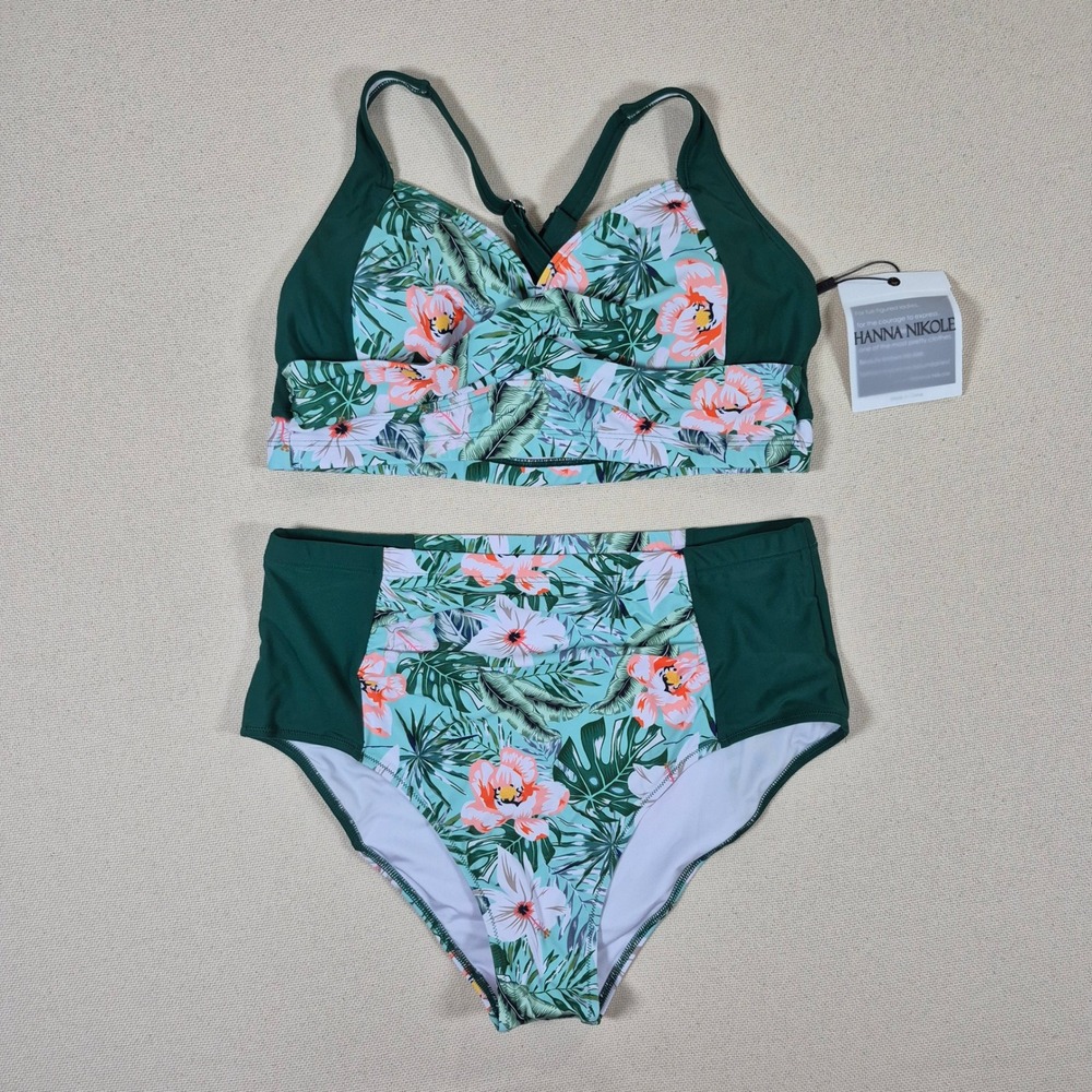 Hanna Nikole Green Floral High Waisted Ruched Bikini Swimsuit Size Large NWT
